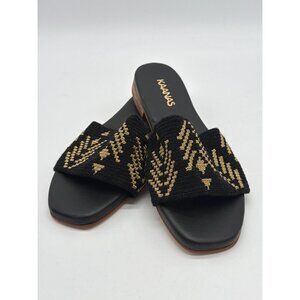 KAANAS Womens Black & Gold Embroidered Slide Sandals Size 6 Slip-On Flat Sole Co